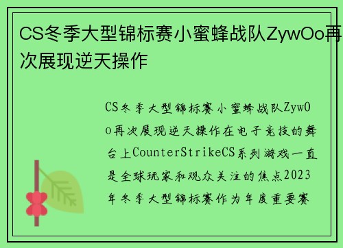 CS冬季大型锦标赛小蜜蜂战队ZywOo再次展现逆天操作
